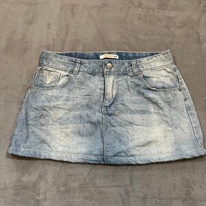 Euro VTG Y2K Light Wash Denim Mini Skirt Womens 28‎ Adjustable Waist Micro Mooks